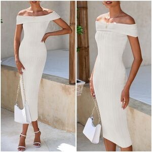 NWT Prettygarden White Off Shoulder Ribbed Knit Bodycon Sweater Midi Dress L